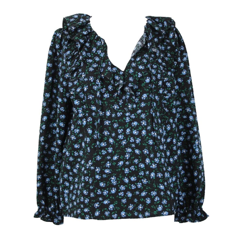 Loft $65 Petite Sz MP Black Blue Multi Color Floral Ruffle Poly Spandex Top
